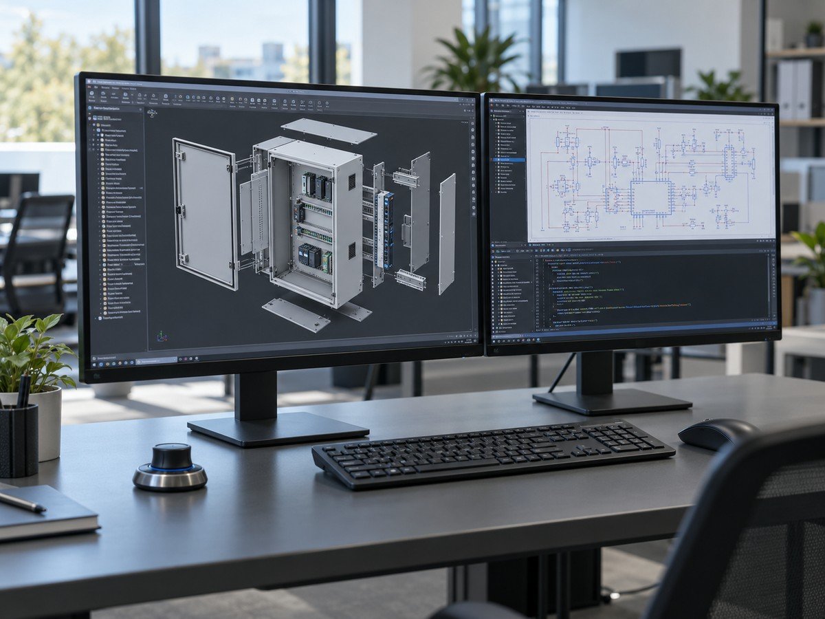 Design workstation displaying mechanical CAD, circuit schematics and controller code — AI-generated representative photo
