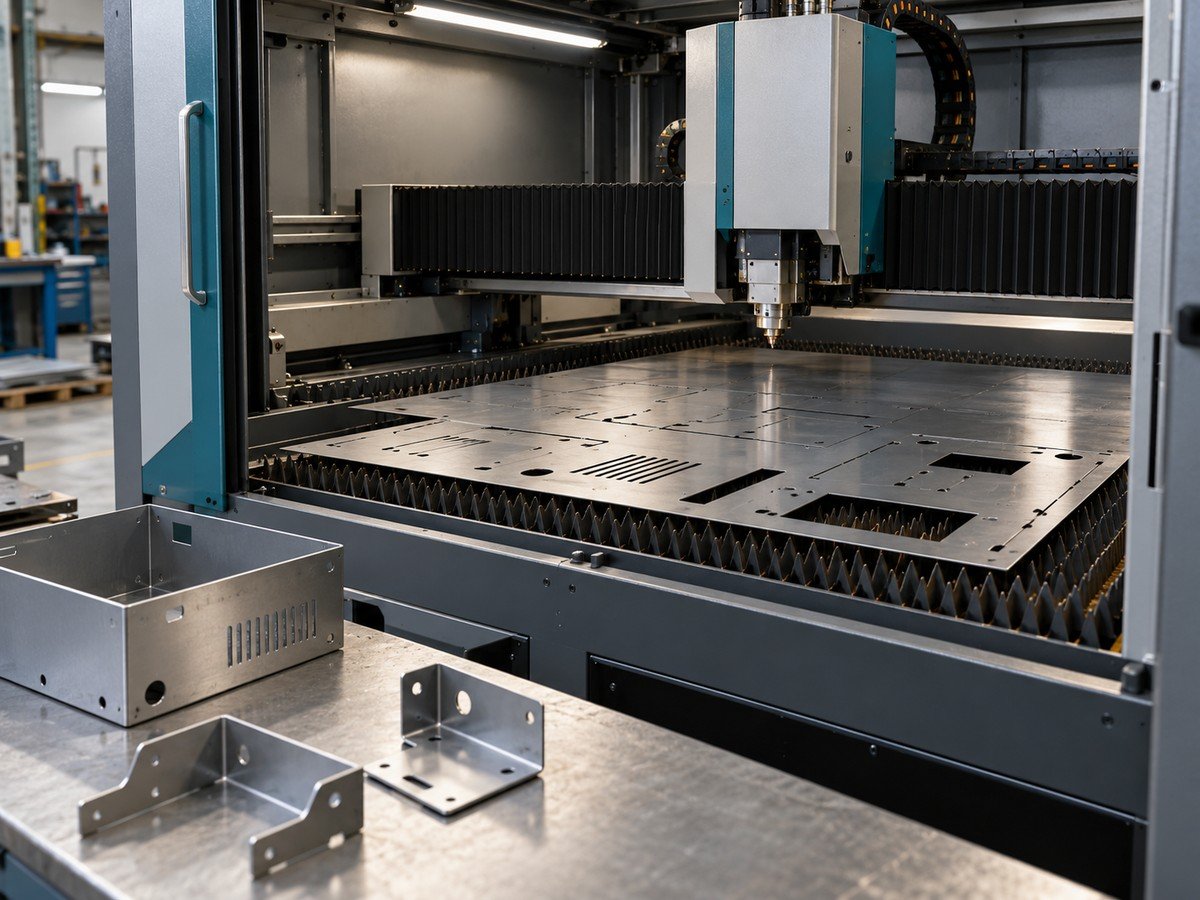 Sheet-metal laser cutting machine and fabricated enclosure parts — AI-generated representative photo