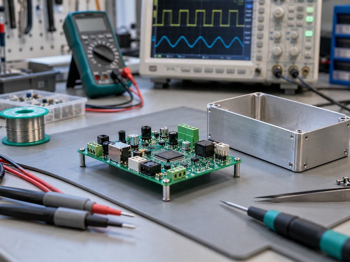 Electronics prototype and test instruments on a laboratory workbench — AI-generated representative photo